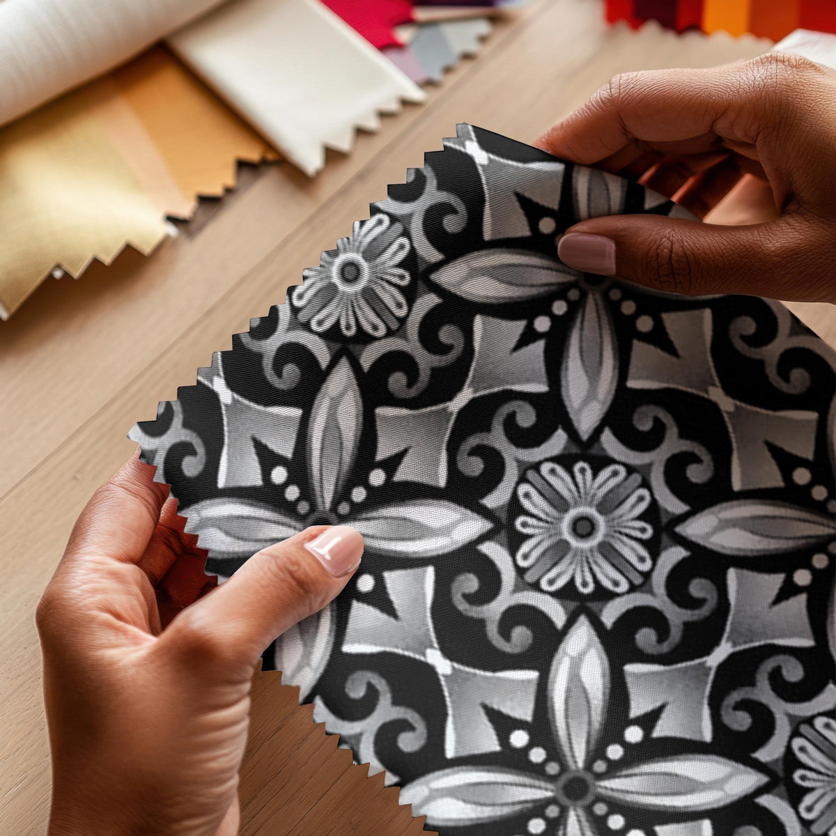 Black White Geometric Tile Pattern Fabric Cotton Quilting Half Yard Cut Yardage Floral Motif Swirl Design Digital Contemporary Patchwork