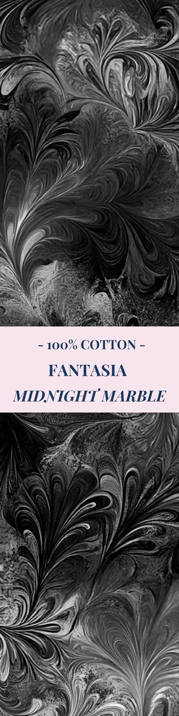 Fantasia Midnight Marble Quilting Cotton Fabric Feather Pattern Black Gray White Watercolor Design