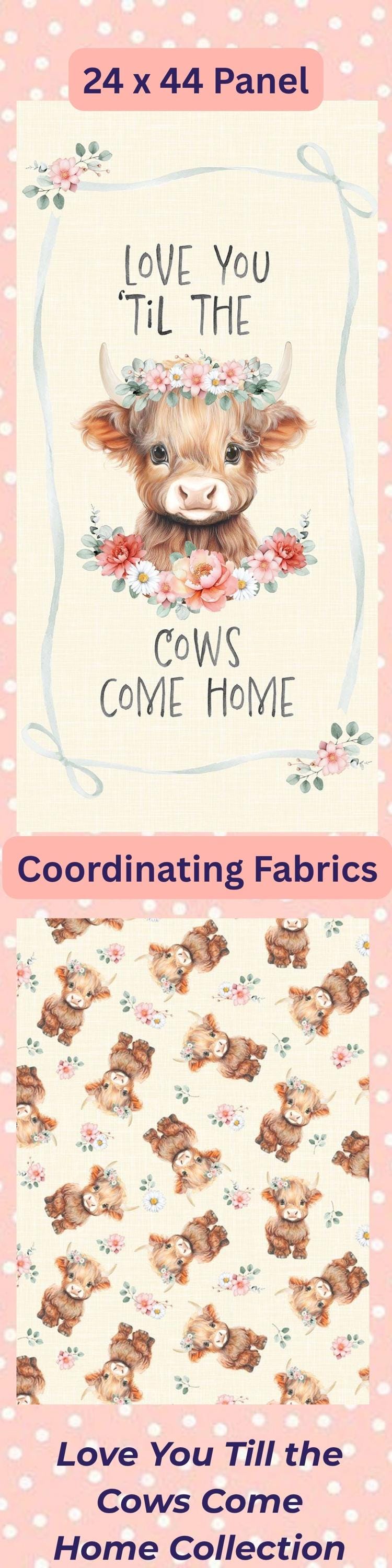 Highland Cow Fabric Baby Nursery Quilting Cotton Farm Animal Floral Print Pink Wildflower Cream Background Half Yard Sewing Material Shower