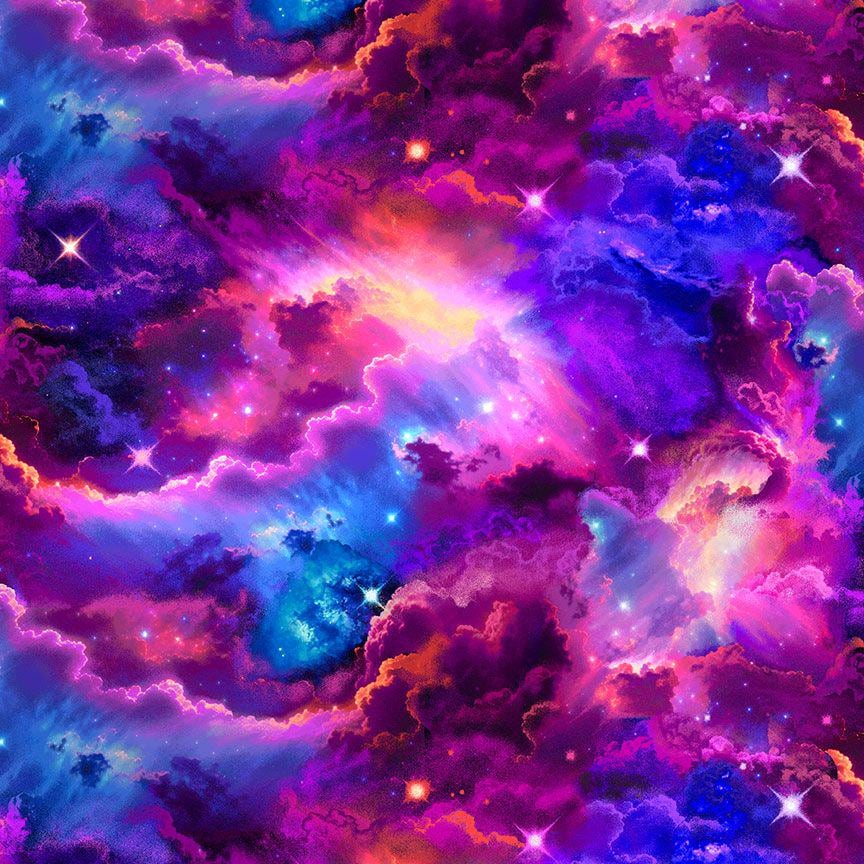 Galaxy Cotton Fabric Yard Material Quilting Project Sewing Supply Craft Space Theme Astronomy Print Stars Nebula Design Purple Pink Blue Yellow Continuous Cut Premium Quality Textile Cosmic Pattern Universe Collection Handmade Project