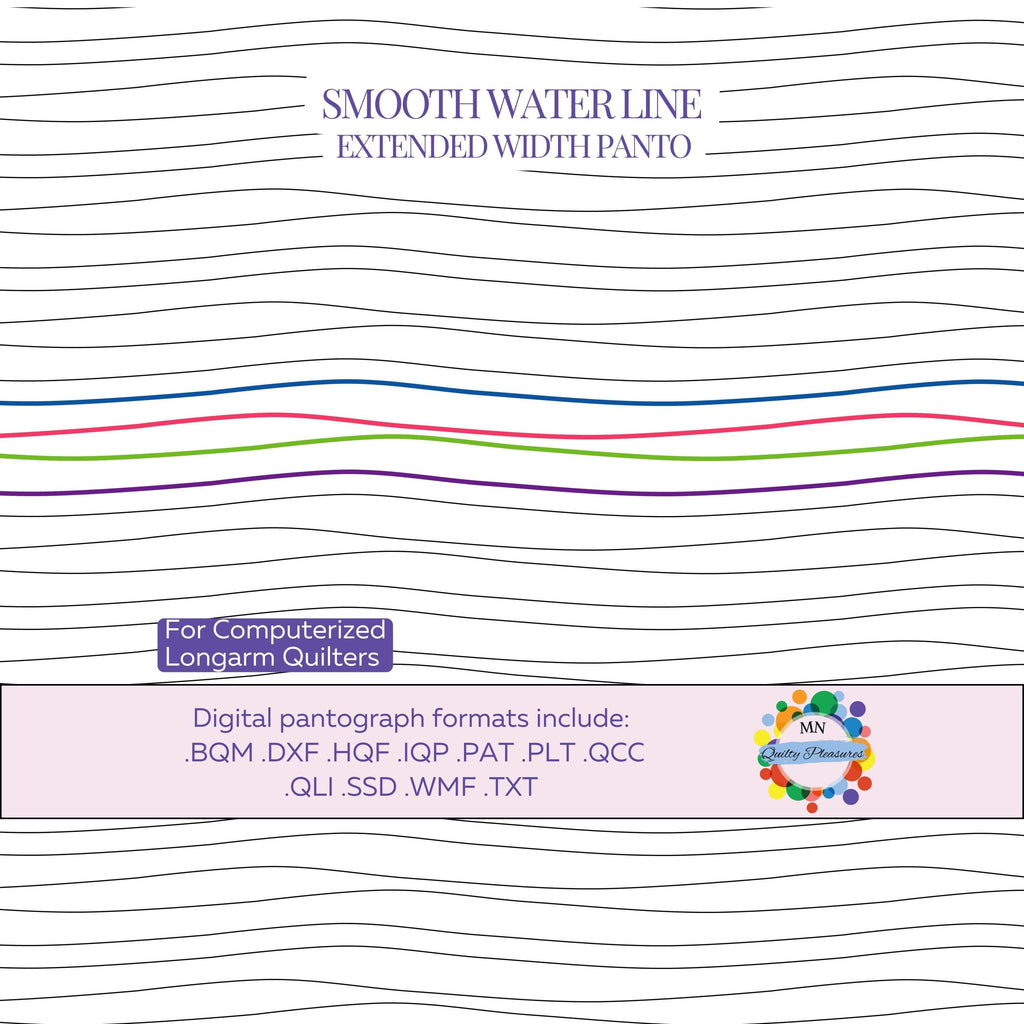 Longarm Quilting Pattern Digital Download Smooth Water Line Wave Design Modern Style Template Wide Format File Professional Machine Compatible Flowing Line Texture Extended Width Coverage Multiple Format Options Continuous Pattern Edge to Edge Design Contemporary Available as Back and Forth as well as left to right stitch out. Comes in Formats: BQM DXF HQF IQP JPG PAT PLT PNG QCC QLI SSD WMF