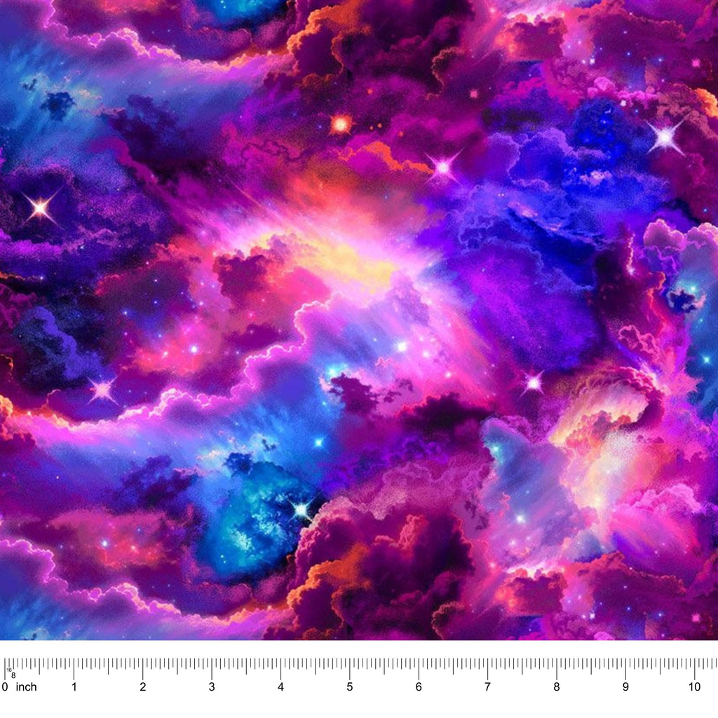 Space Themed Fabric Galaxy Print Cotton Material Nebula Stars Design Quilting Supply Sewing Project Resource Cosmic Universe Pattern Purple Pink Blue Yellow Colors Premium Quality Textile Astronomy Inspired Material Craft Making Supply