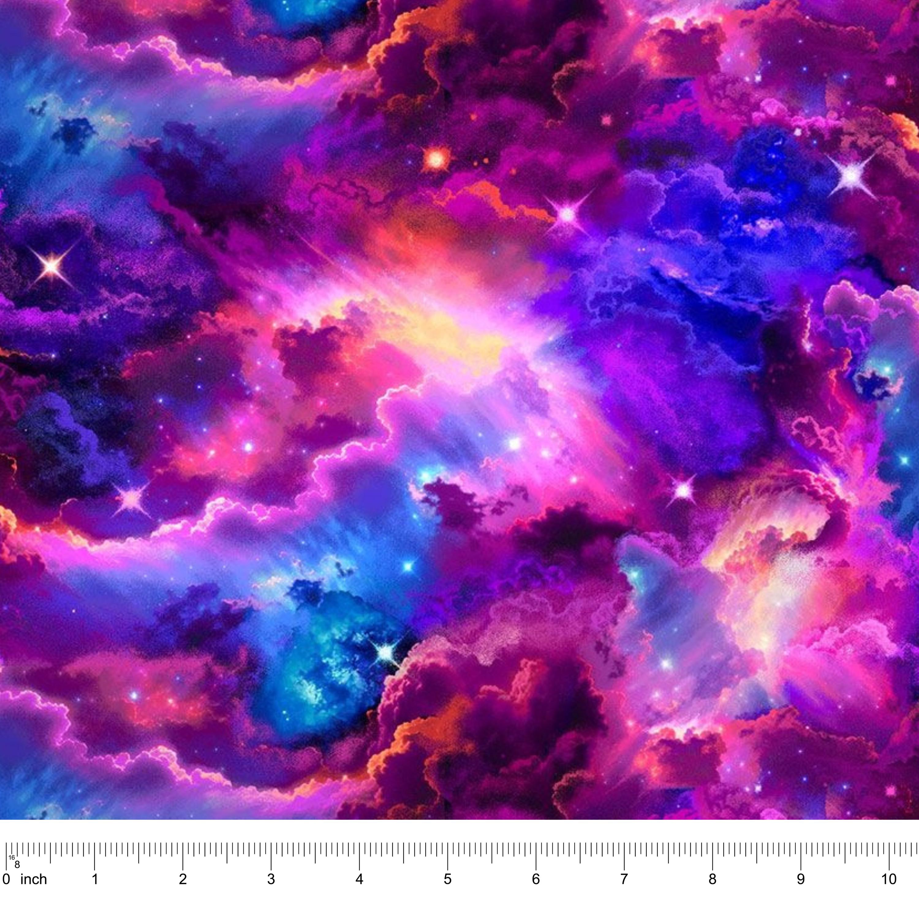 Space Themed Fabric Galaxy Print Cotton Material Nebula Stars Design Quilting Supply Sewing Project Resource Cosmic Universe Pattern Purple Pink Blue Yellow Colors Premium Quality Textile Astronomy Inspired Material Craft Making Supply