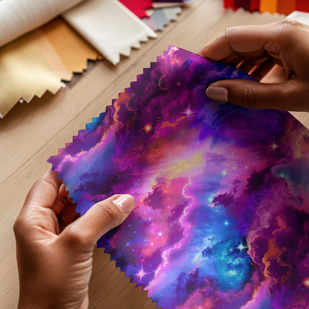 Cotton Quilting Fabric Galaxy Design Material Space Themed Print Cosmic Universe Pattern Nebula Stars Illustration Purple Pink Blue Yellow Colors Premium Quality Textile Astronomy Inspired Material Craft Making Supply Colorful Sky