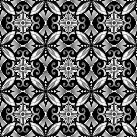Black White Geometric Fabric Cotton Quilting Material Half Yard Yardage Tile Pattern Design Floral Motif Swirl Elements Contemporary Patchwork Sewing Projects Premium Quality Cotton Fabric Henry Glass Collection Modern Quilting Supplies