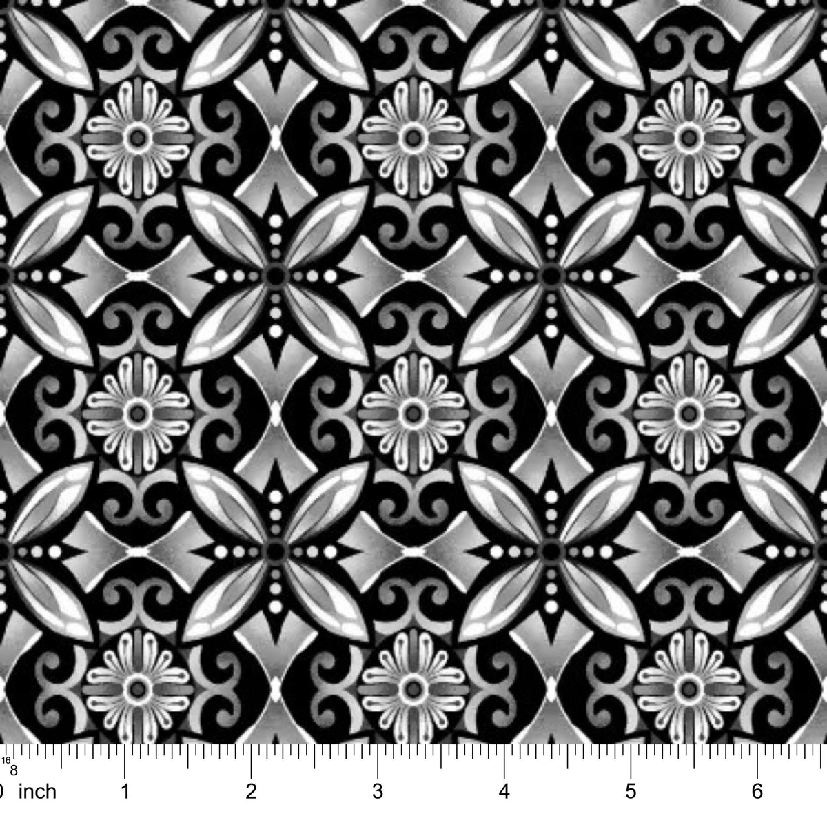 Geometric Tile Pattern Fabric Black White Cotton Quilting Half Yard Yardage Floral Motif Swirl Design Contemporary Patchwork Sewing Material Premium Cotton Fabric Henry Glass Modern Quilting Collection Sophisticated Style Pattern Design