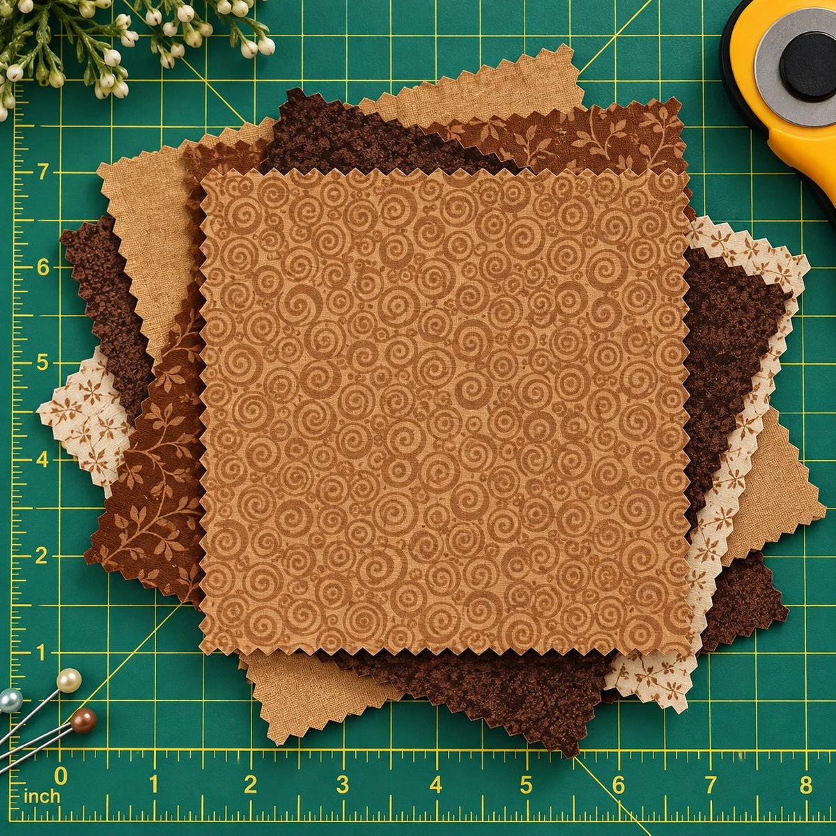Curly Q Chocolate Fabric by the Half Yard Tone on Tone Cotton Quilting Fabric