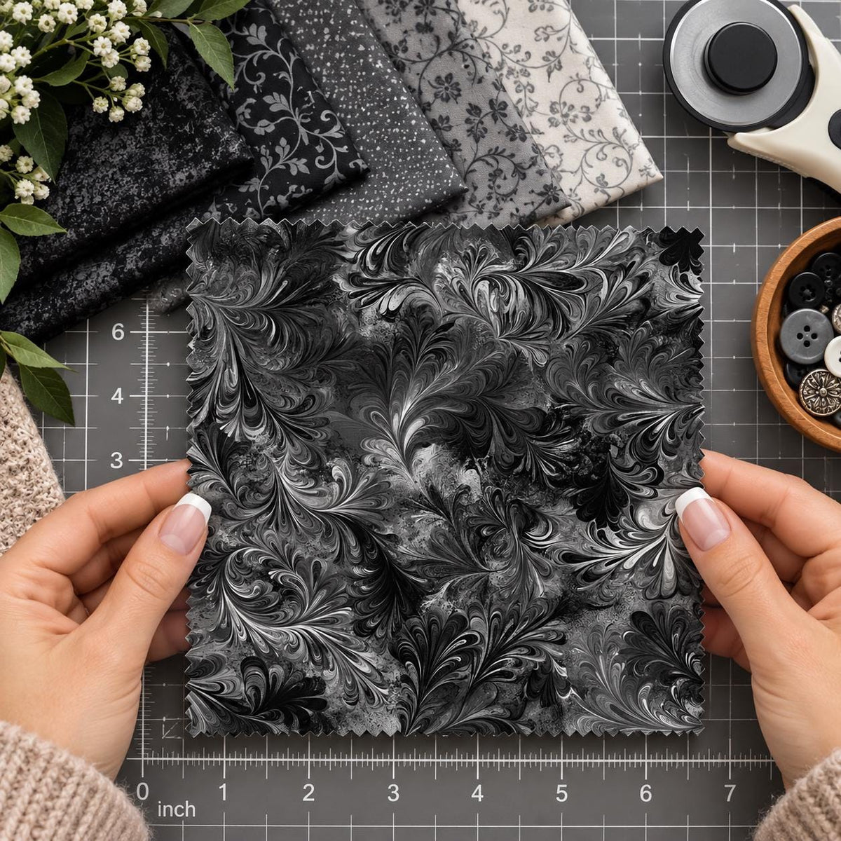 Fantasia Midnight Marble Quilting Cotton Fabric Feather Pattern Black Gray White Watercolor Design