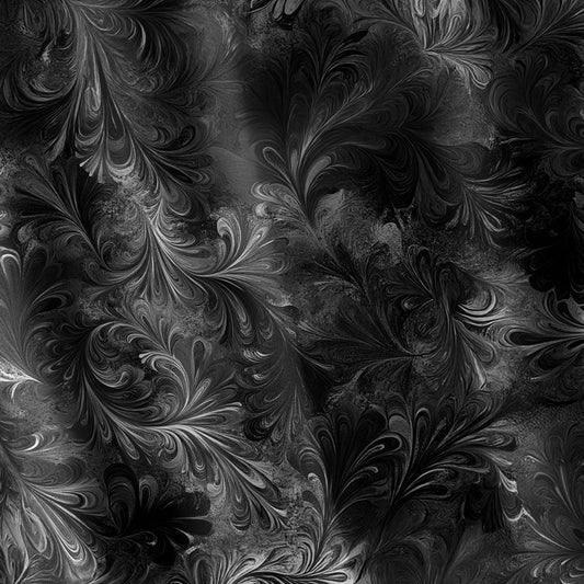 Fantasia Midnight Marble Quilting Cotton Fabric Feather Pattern Black Gray White Watercolor Design