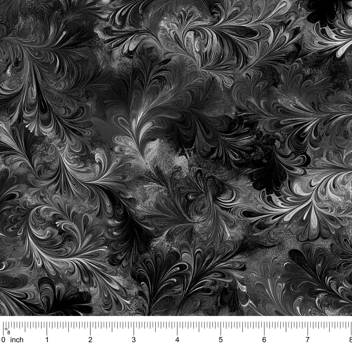 Fantasia Midnight Marble Quilting Cotton Fabric Feather Pattern Black Gray White Watercolor Design