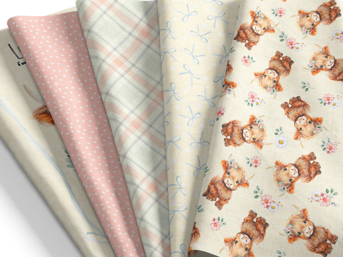 Highland Cow Fabric Baby Nursery Quilting Cotton Farm Animal Floral Print Pink Wildflower Cream Background Half Yard Sewing Material Shower