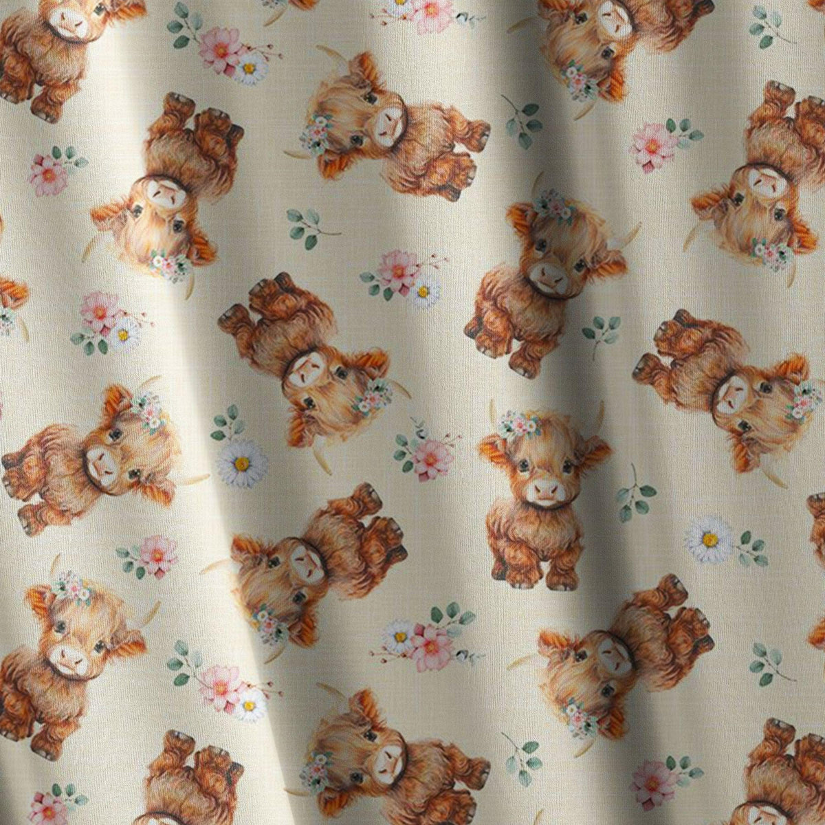 Highland Cow Fabric Baby Nursery Quilting Cotton Farm Animal Floral Print Pink Wildflower Cream Background Half Yard Sewing Material Shower