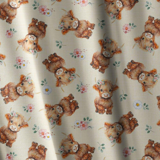 Highland Cow Fabric Baby Nursery Quilting Cotton Farm Animal Floral Print Pink Wildflower Cream Background Half Yard Sewing Material Shower