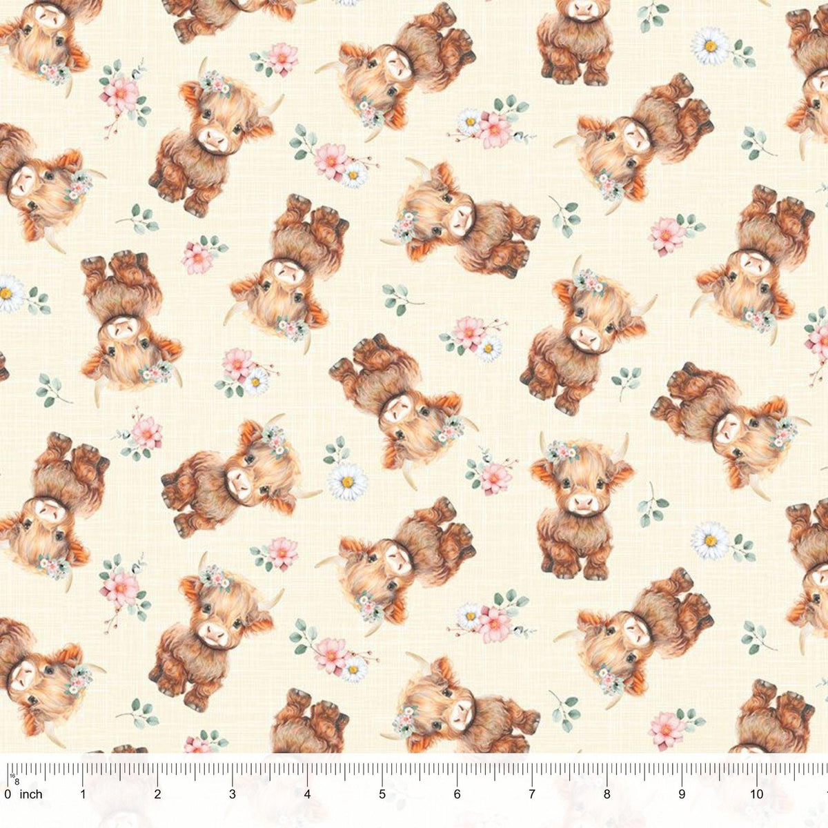 Highland Cow Fabric Baby Nursery Quilting Cotton Farm Animal Floral Print Pink Wildflower Cream Background Half Yard Sewing Material Shower